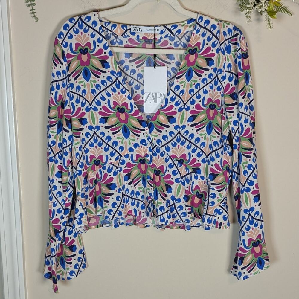 Zara Boho Bell Sleeve Printed Blouse Top V-Neck